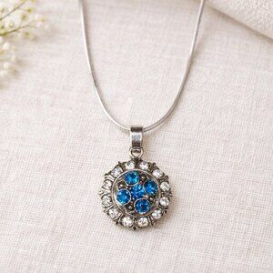 Silver Rhinestone Interchangeable Snap Charm Necklace Blue Crystal
